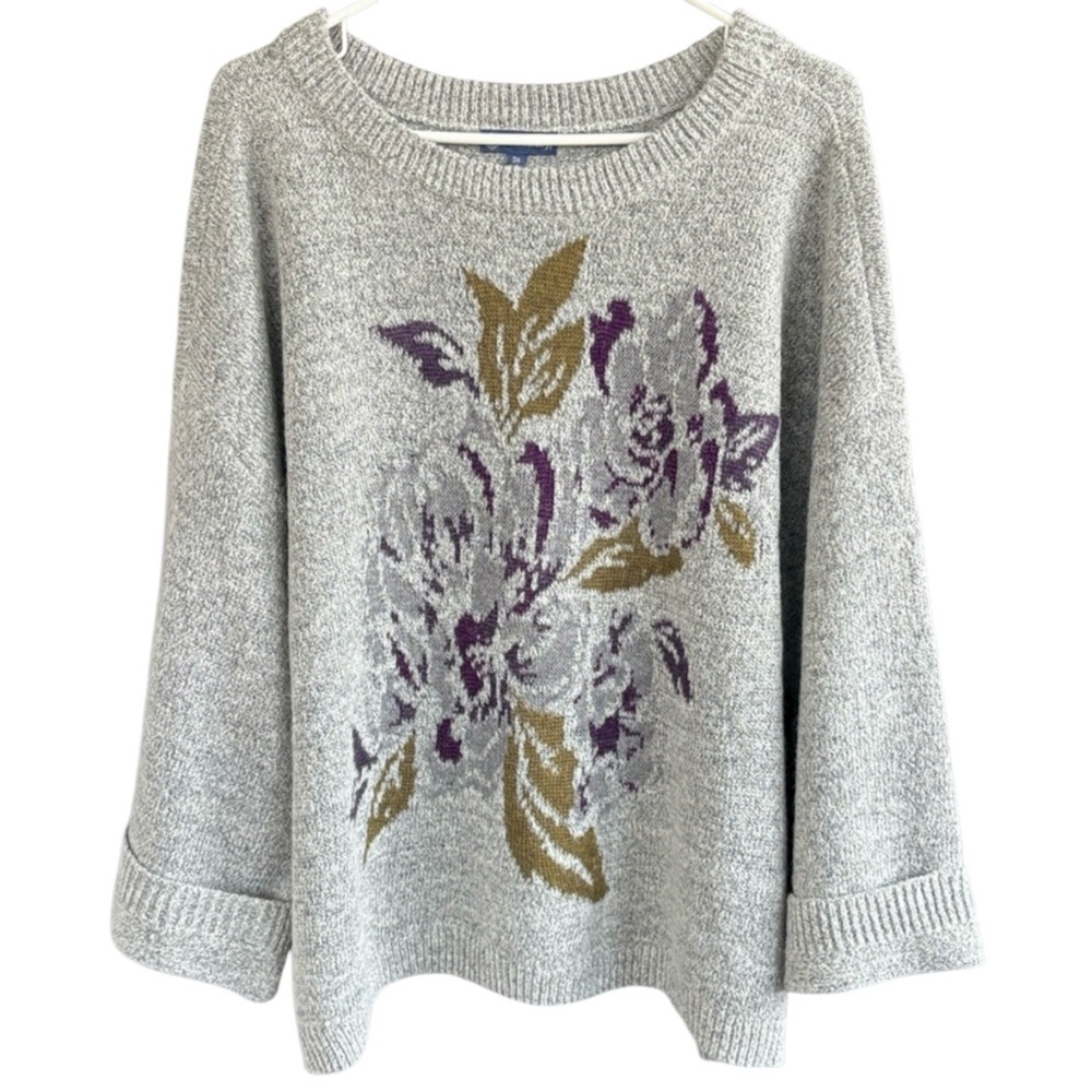 NWT Democracy Wool Blend Floral Jacquard Cuffed Sleeve Sweater Size 3X